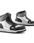 Pair of black, white, and gray high-top shoes on a white background