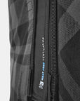 Close-up of a black textured bag with a zipper and 'H3' branding.