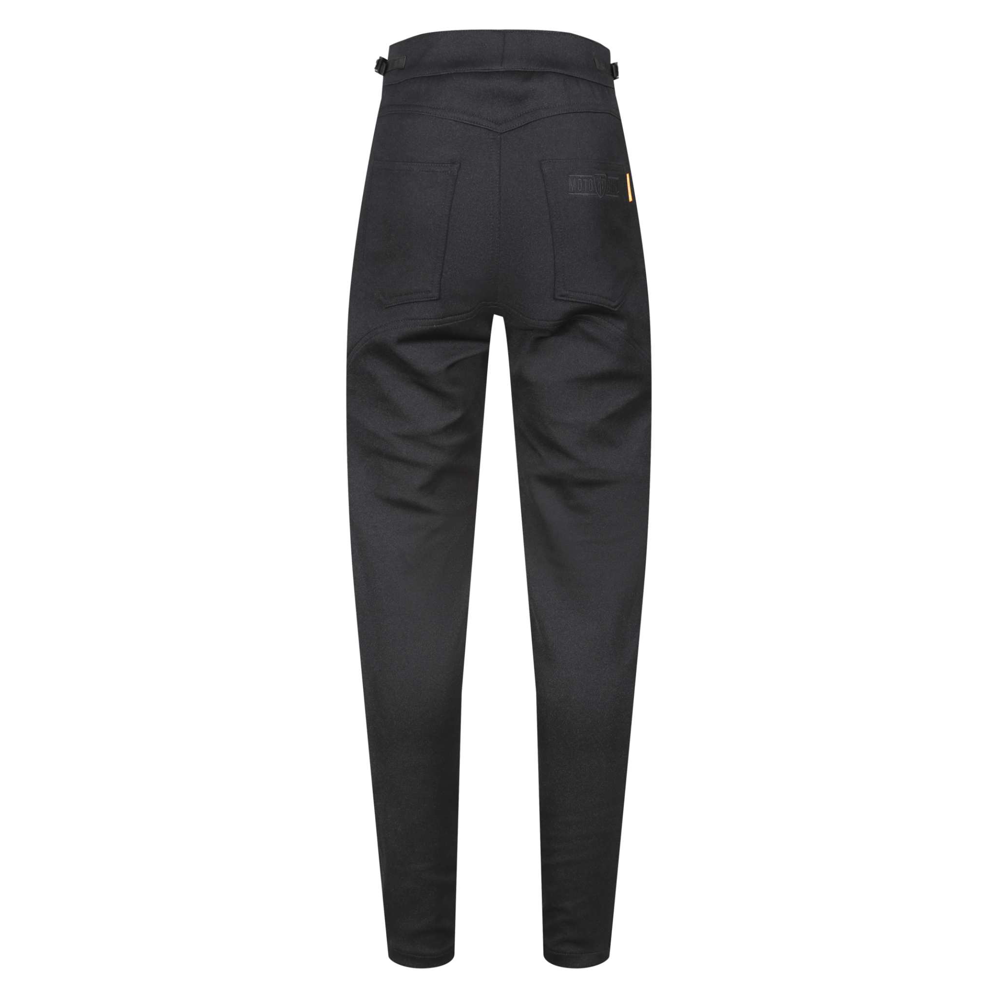 A bagside of black womens motorcycle pants with a front zip from Moto Girl