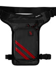 Rusty Stitches motorcycle lap bag in black with red stripes