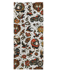 A long rectangular fabric item, likely a towel or blanket, featuring a dense traditional tattoo-style print with tigers, motorcycles, roses, birds, snakes, spiders, and helmets on a white background.