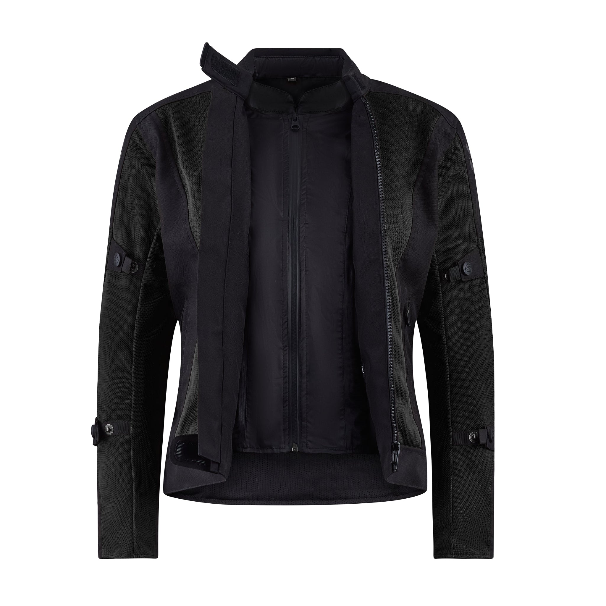 open zipper of black mesh motorcycle jacket for women