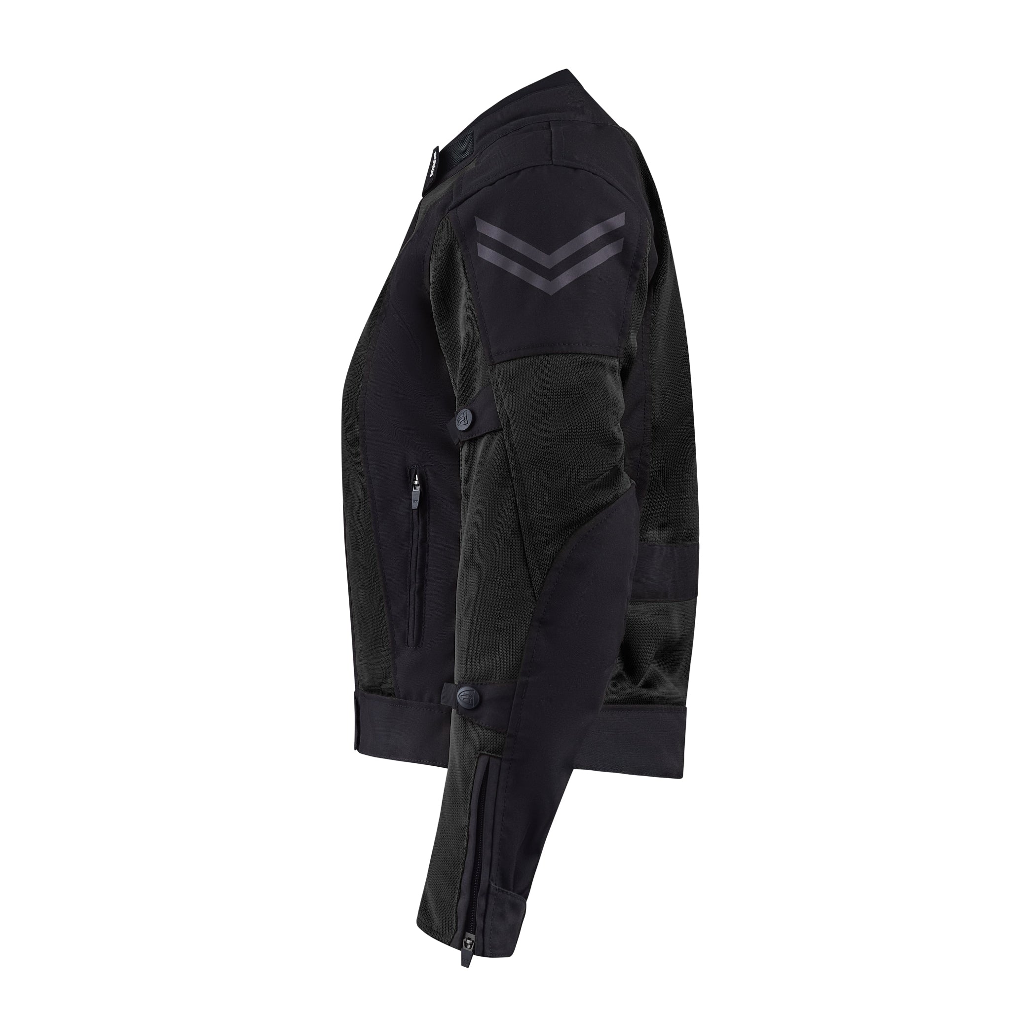 a side of black mesh motorcycle jacket for women with shoulder patches
