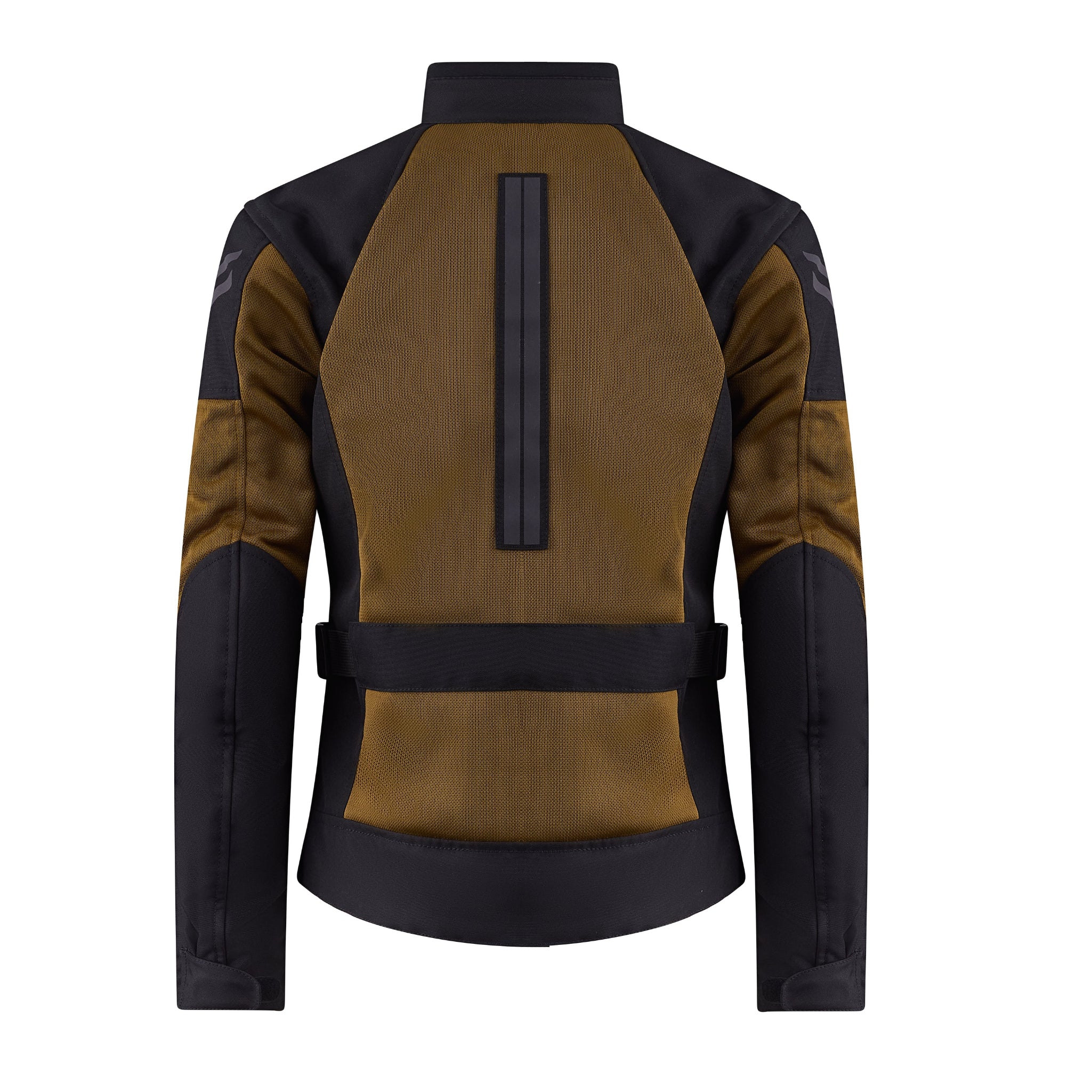 a back of black and gold mesh motorcycle jacket for women