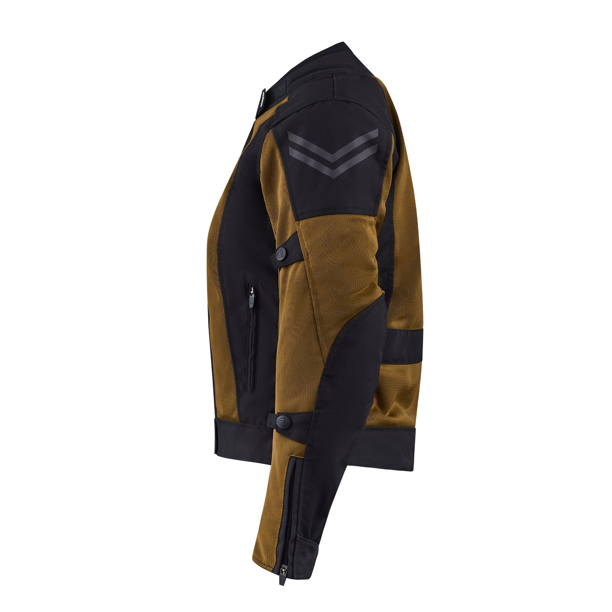 a side of black and gold mesh motorcycle jacket for women