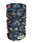 A navy blue tubular neck gaiter with a vintage motorcycle-themed print featuring crossed engine parts, pistons, chains, lightning bolts, and the 'MOTO GIRL' logo, shown on a plain white background.