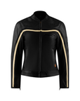 Black leather jacket with beige accents on a white background