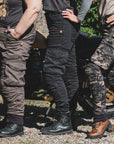 three women of difference sizes demonstrating the motorcycle cargo pants in different colous