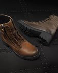 brown leather women's motorcycle boots with shoe lens