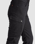 a hip a woman wearing black cargo motorcycle pants with big cargo pockets