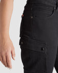 close up of a women hip lwearing black cargo motorcycle pants