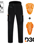 Black motorcycle pants with orange protective gear and D30 branding on a white background