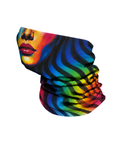 A tubular neck gaiter featuring a vibrant, multicolor graphic print of a woman's face in profile overlaid with bold black and rainbow-colored wavy stripes, shown on a plain white background.