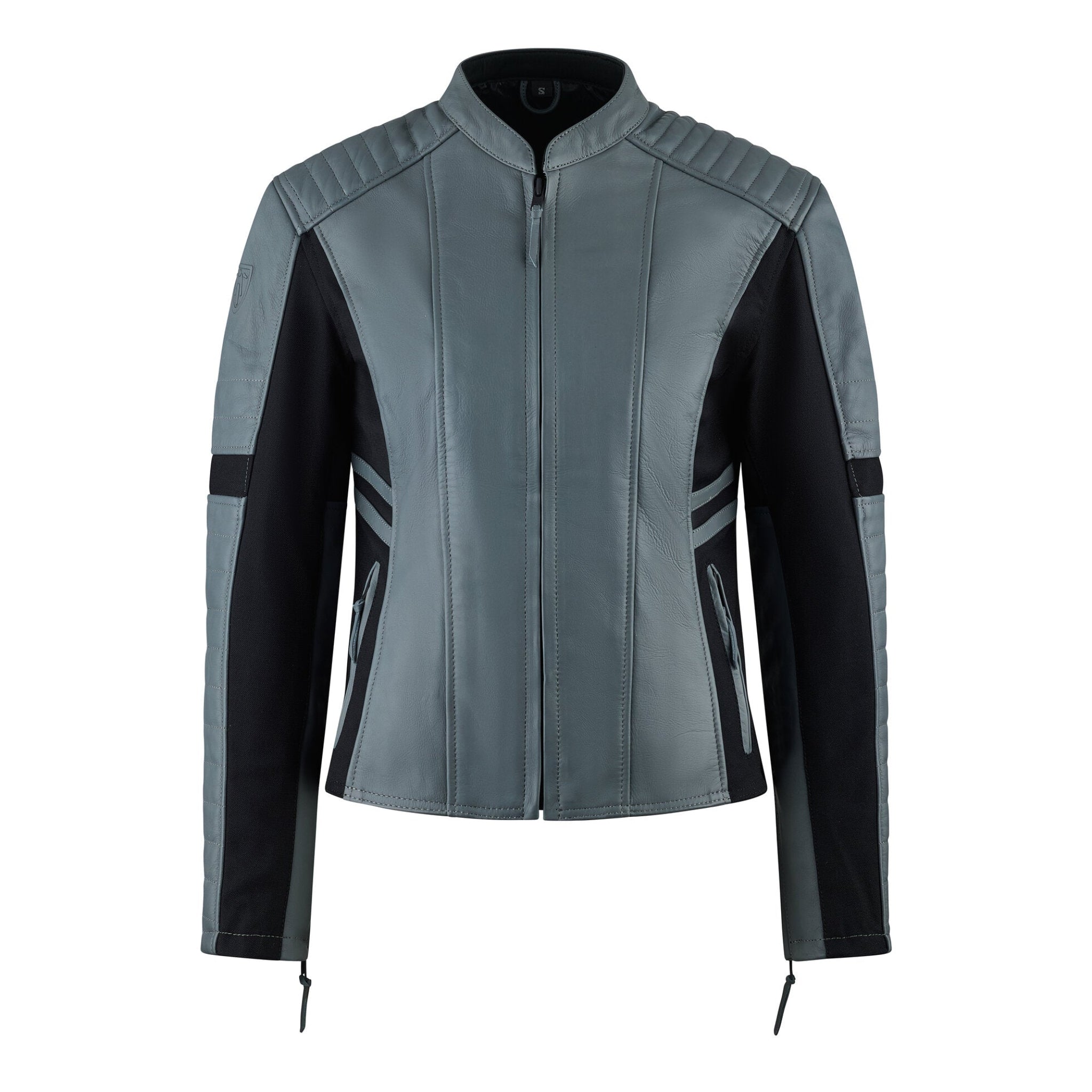 grey and black motorcycle leather jacket for women with front zipper
