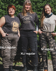 three women of difference sizes demonstrating the motorcycle cargo pants in different colous