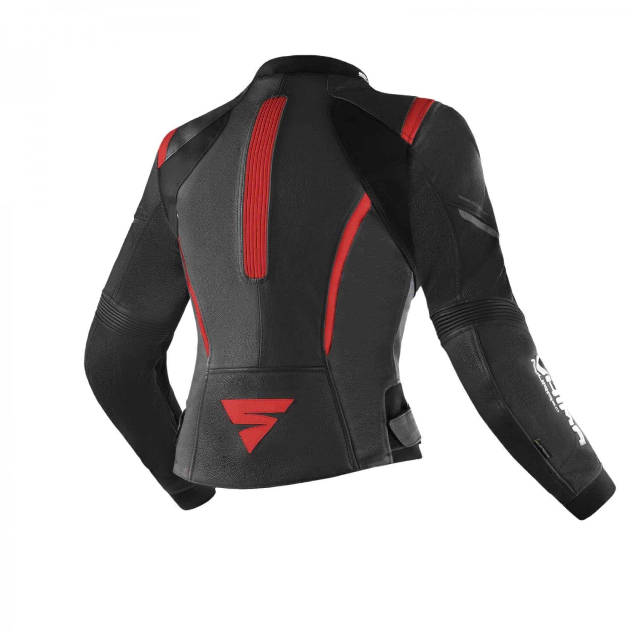 a back of the black and red Shima motorcycle sport jacket