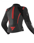 a back of the black and red Shima motorcycle sport jacket