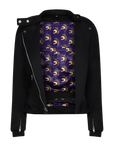 colourful inner lining of a  black retro style woman's motorcycle jacket with silver zip details