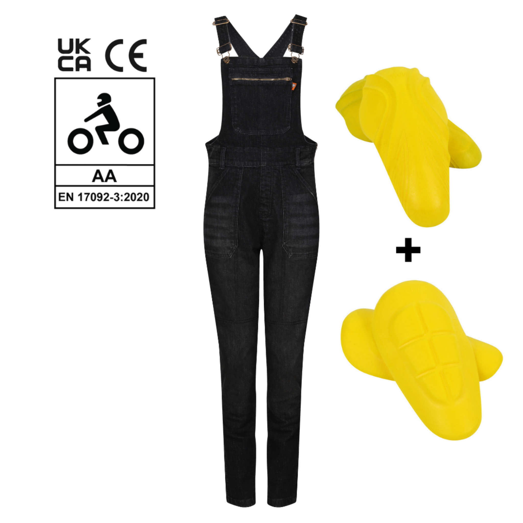 Black women's motorcycle overall from Moto Girl with yellow protectors