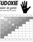 Size chart of Ride like a Girl pink, black and yellow women's motorcycle gloves from eudoxie