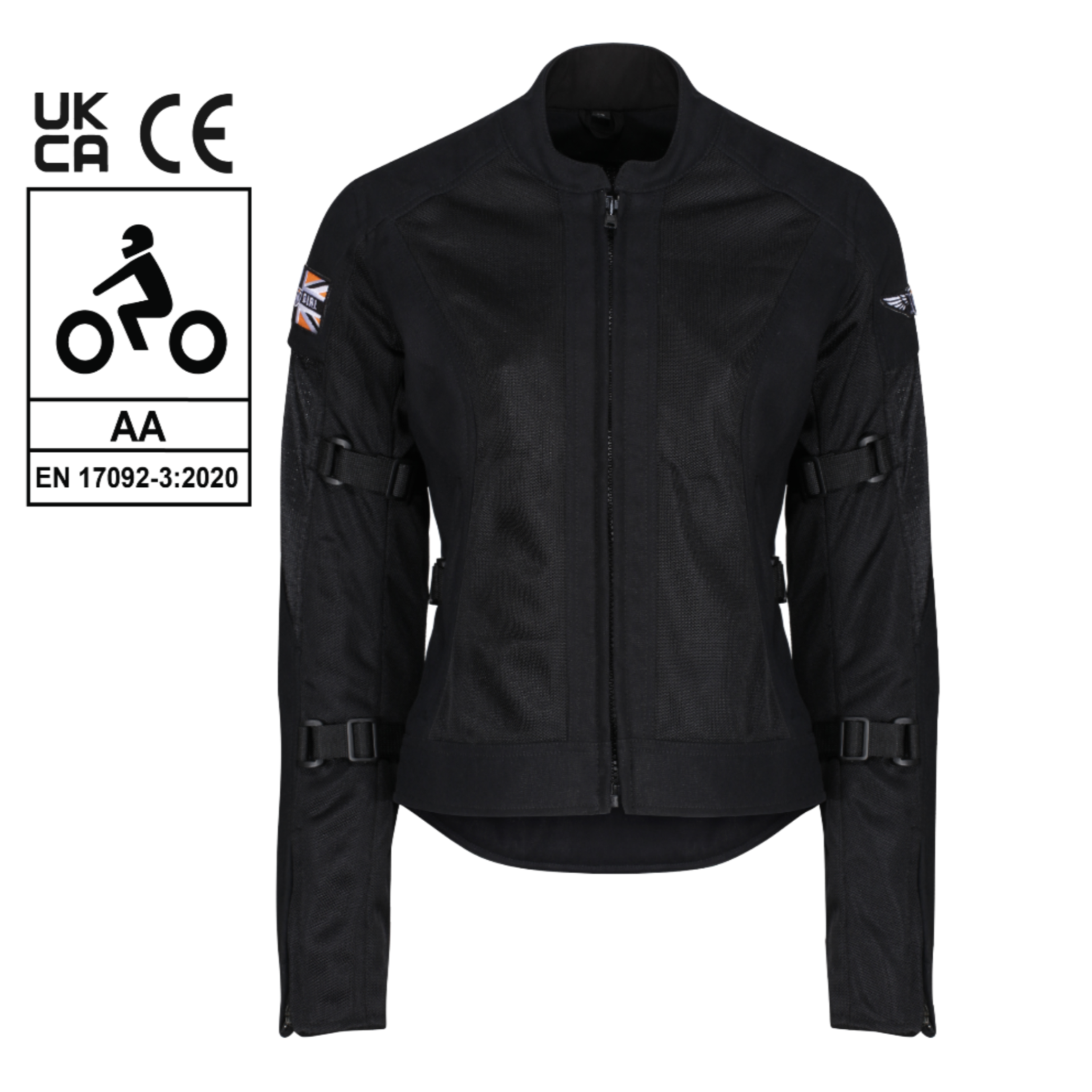 Black summer mesh women's motorcycle jacket with Motogirl patch with AA safety certificate