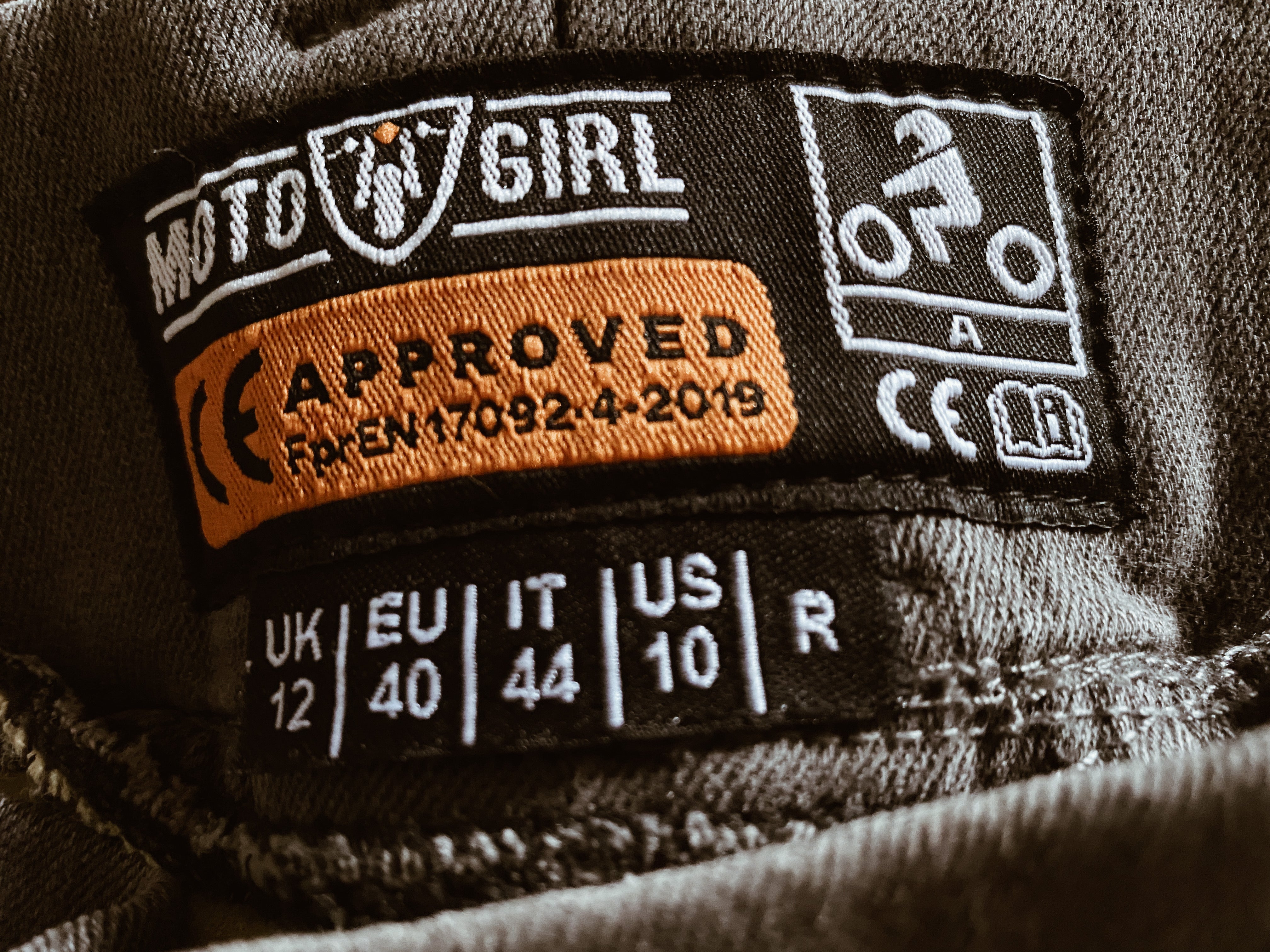 The label with CE certification on the MotoGirl women's motorcycle jeans