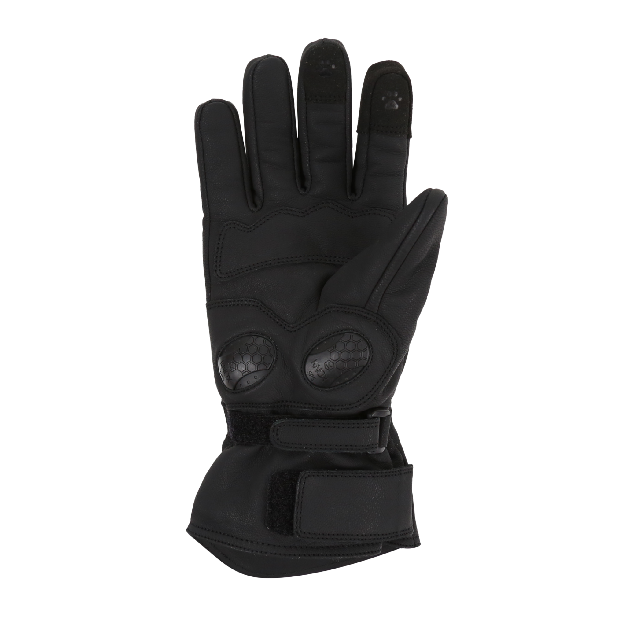 Inner side of black Nandi MotoGirl winter motorcycle gloves with paw touch detail on the index finger and middle finger with two adjustable velcro fastenings for an optimal fit.