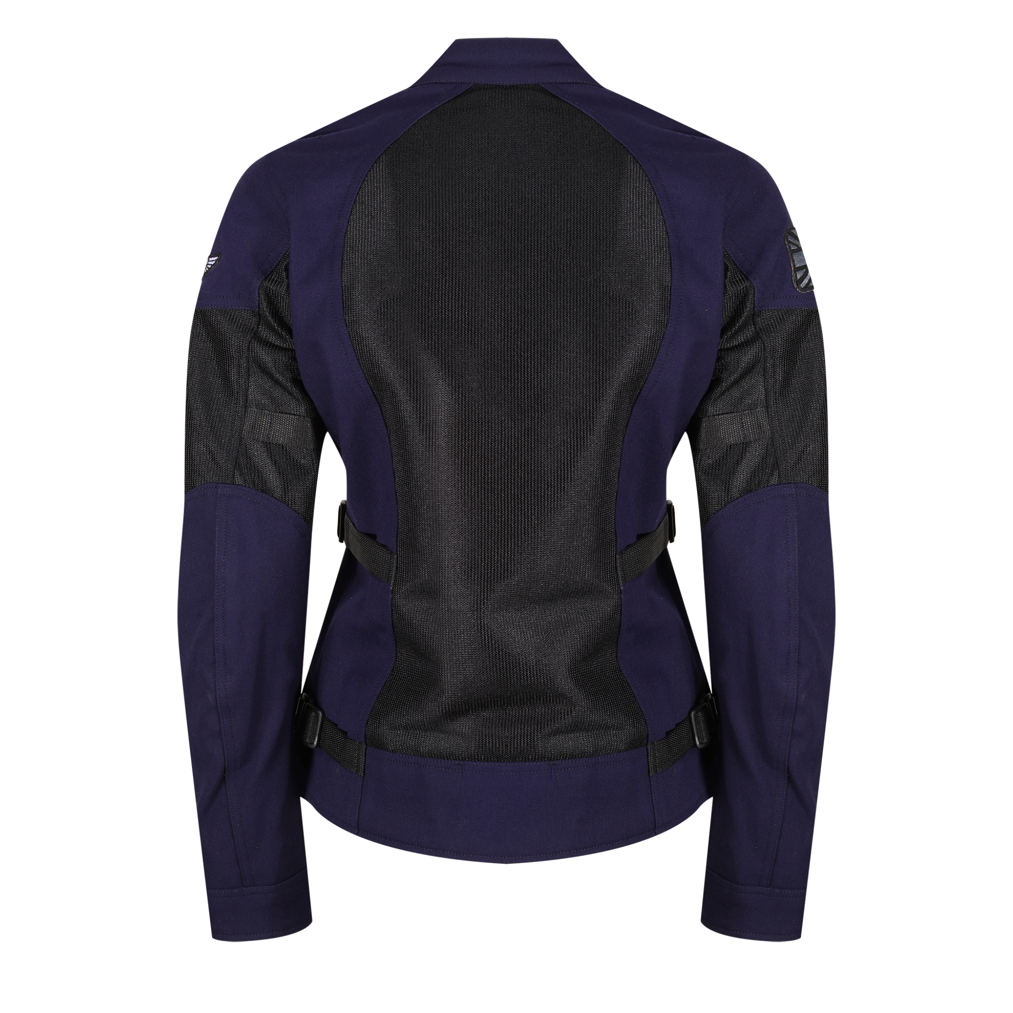 The back of  a blue and black women motorcycle mesh jacket from MotoGirl 