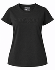 Black t-shirt with a logo on a white background
