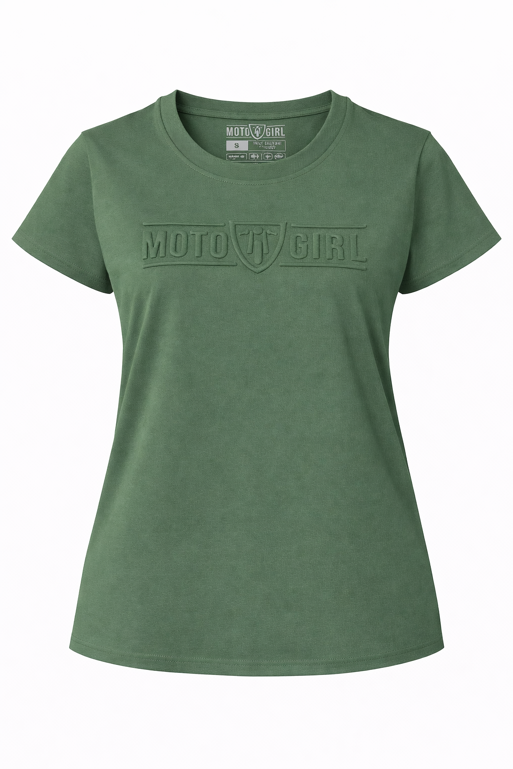 Green t-shirt with 'Moto Girl' logo on a white background