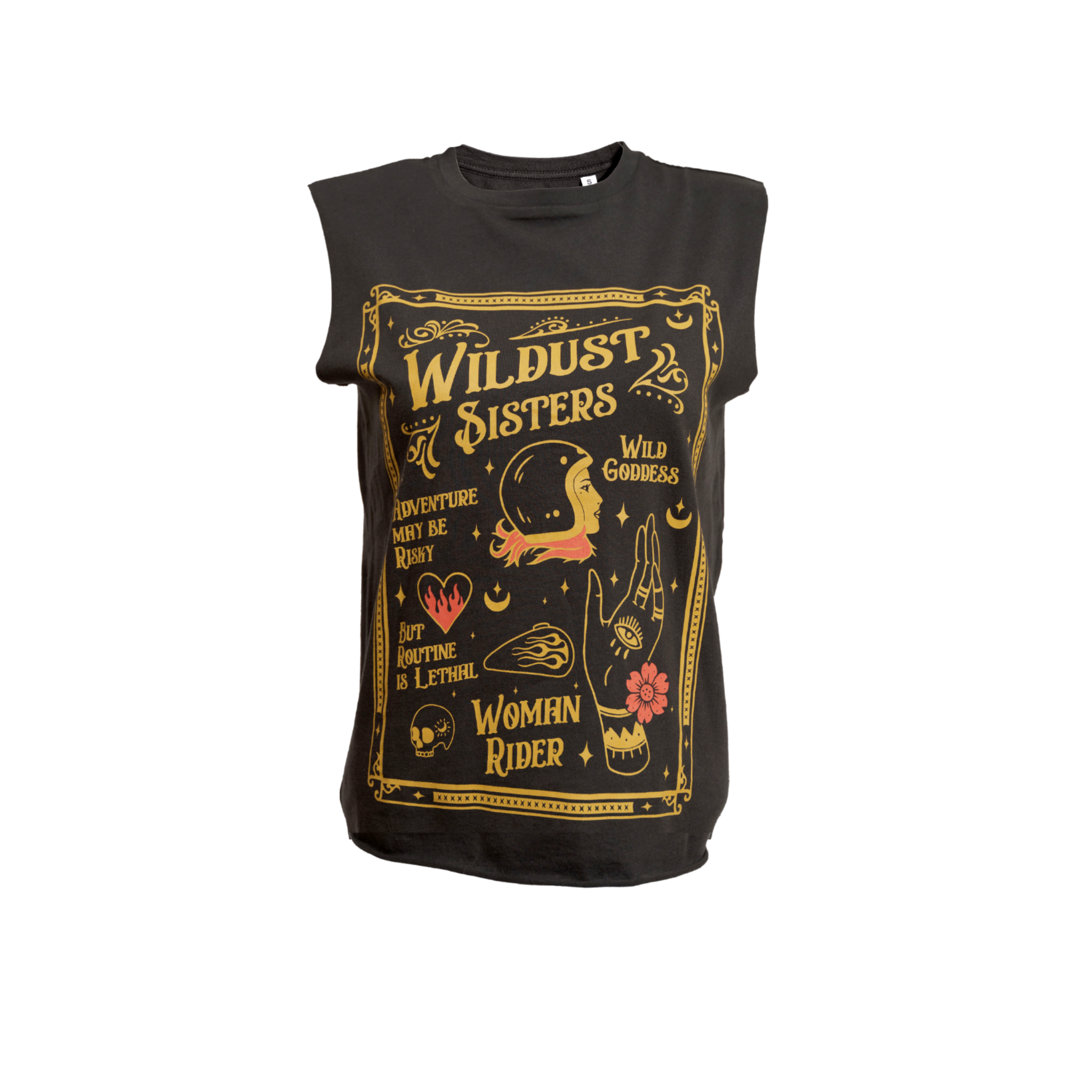 Black t-shirt with a woman wearing a Motorcycle helmet with the text &quot;Wildust sister&quot; 