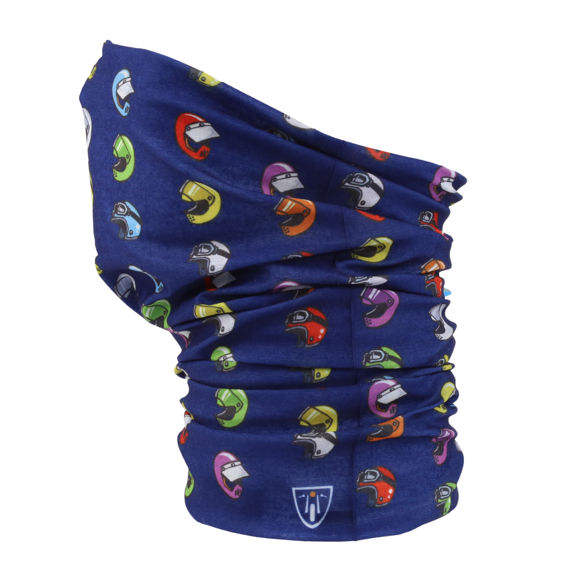 Helmet bandana in dark blue, featuring a pattern of various motorcycle helmets in different colors with MotoGirl logo. 