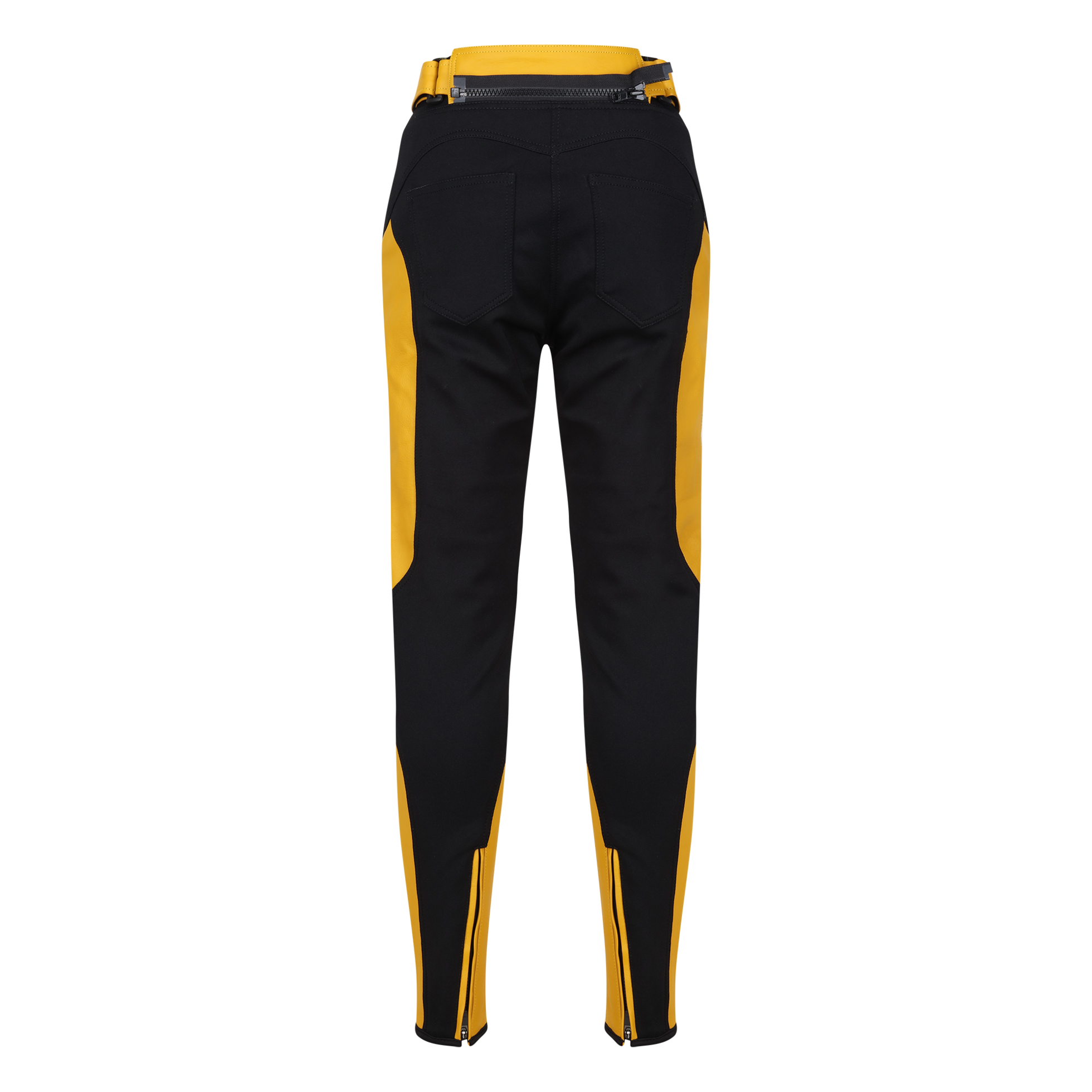 the back of the black yellow motorcycle leather and textile pants from the Moto Girl 
