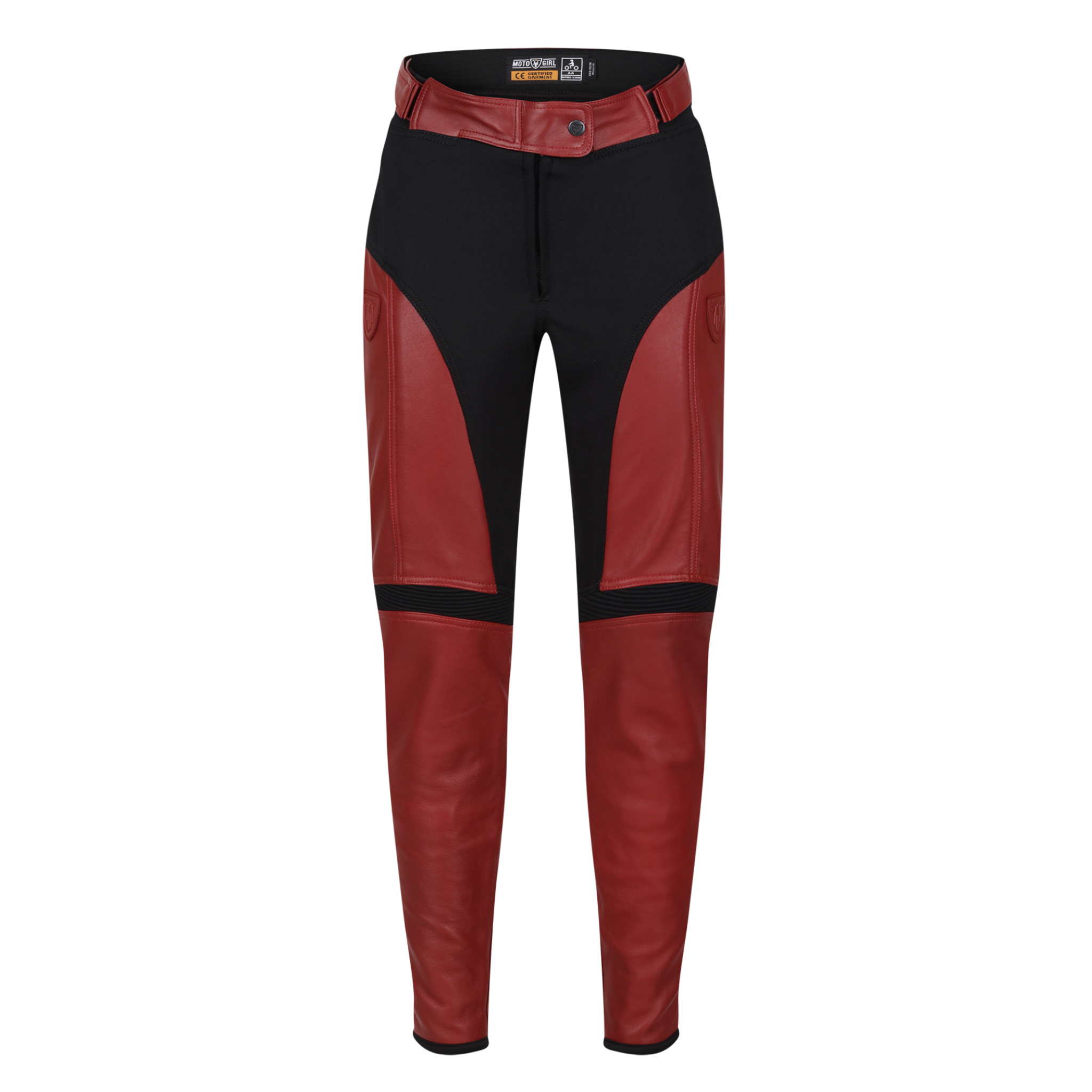 black red motorcycle leather and textile pants from the Moto Girl