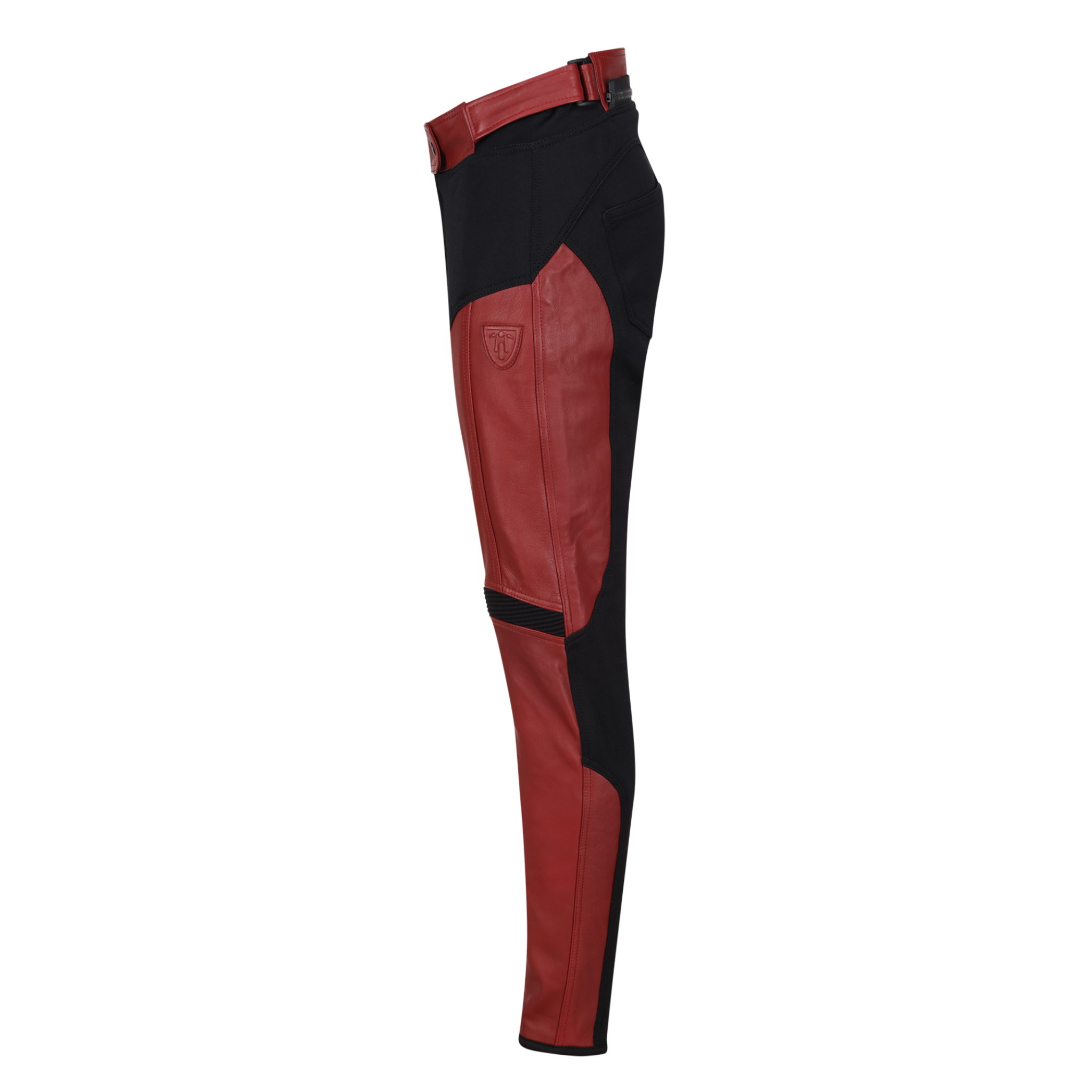 the side of black red motorcycle leather and textile pants from the Moto Girl