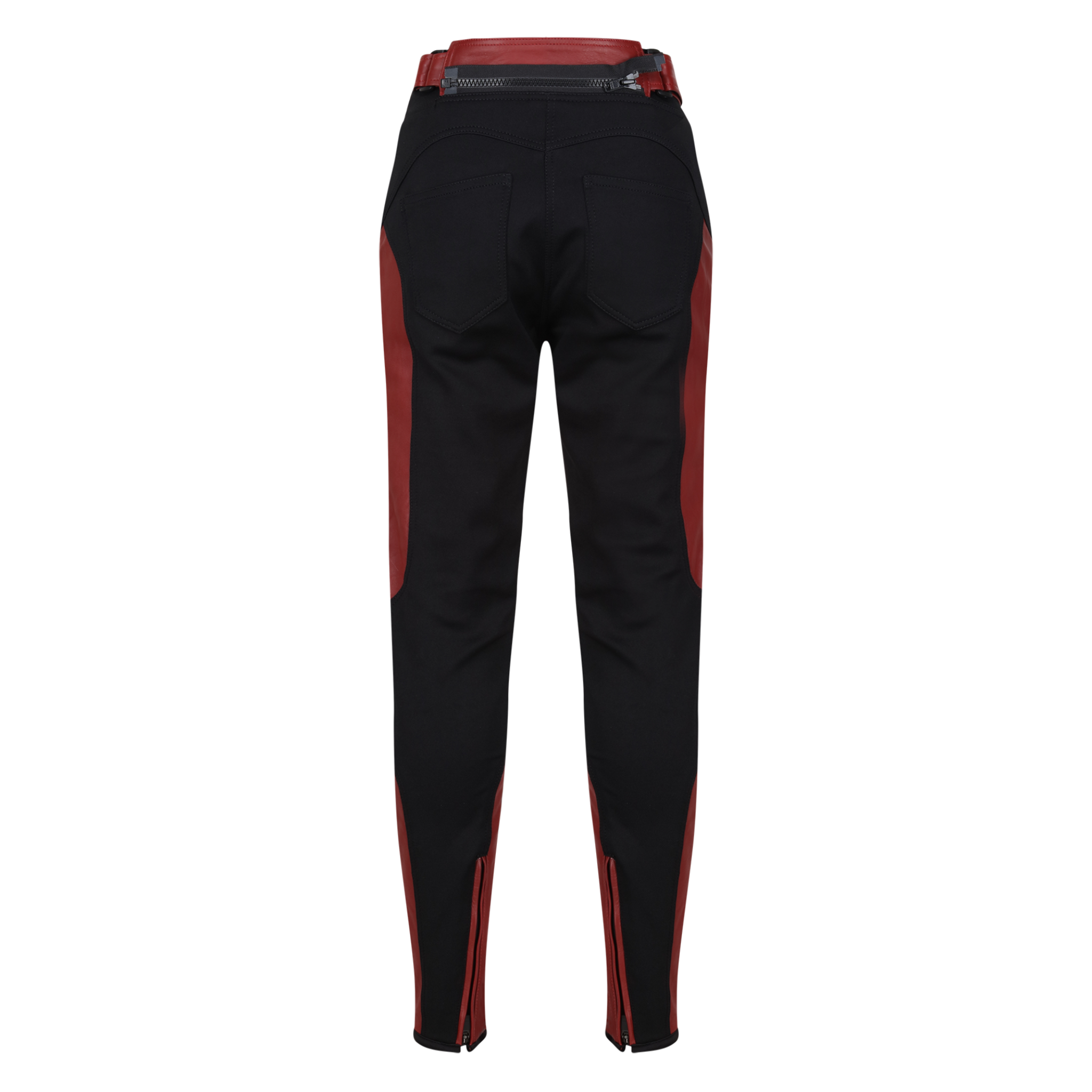 the back of black red motorcycle leather and textile pants from the Moto Girl