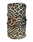 A single neck gaiter or face tube with a mixed animal print pattern, featuring leopard spots, zebra stripes, and giraffe-like patches in beige, brown, black, and tan. The brand name 'MOTO GIRL' is printed on a small black label at the bottom right.
