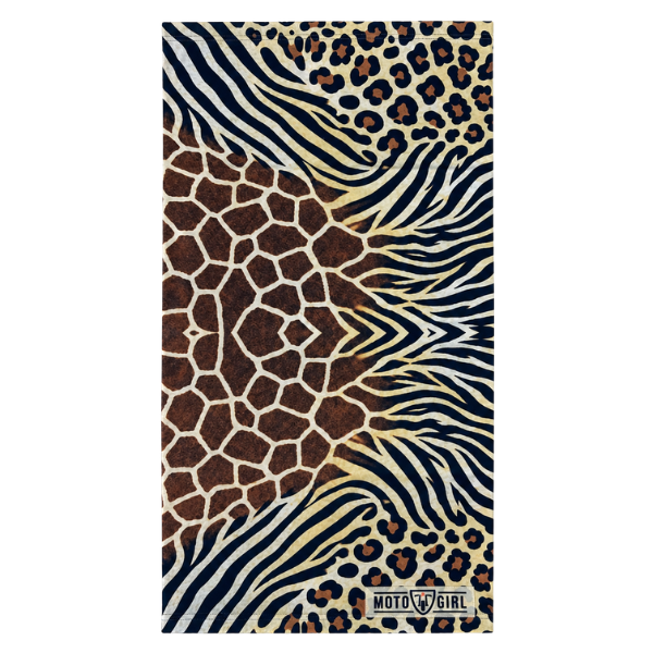 A rectangular beach towel featuring a multi-patterned design with giraffe spots, zebra stripes, and leopard print in brown, black, and beige. The brand name 'MOTO GIRL' is printed in a black box on the bottom right corner.