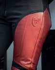 Close up of Red Fiona Motorcycle Trousers from Moto Girl