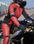 Woman on motorcycle wearing Red Fiona Motorcycle Jacket from Moto Girl