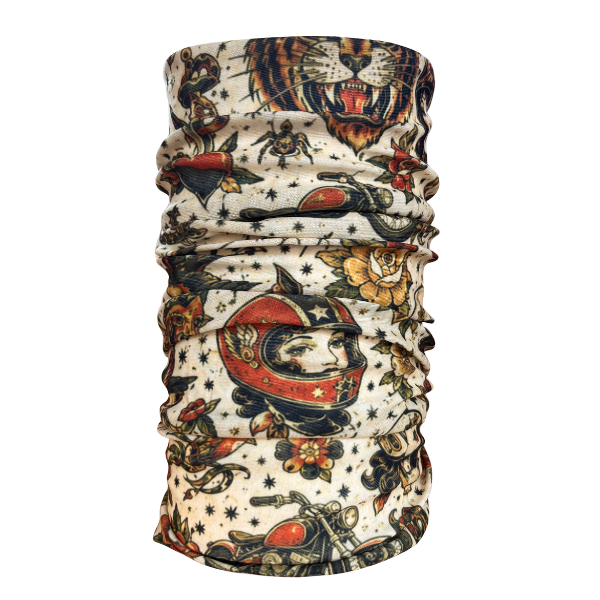 A rolled-up neck gaiter or face mask featuring a vintage tattoo-style print with a tiger, motorcycle, red helmet, flowers, and stars on an off-white background.