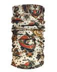 A rolled-up neck gaiter or face mask featuring a vintage tattoo-style print with a tiger, motorcycle, red helmet, flowers, and stars on an off-white background.