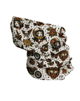 A white tubular neck gaiter featuring a detailed tattoo-style print of biker helmets, motorcycles, skulls, roses, and a tiger head, with small black dots scattered across the surface.