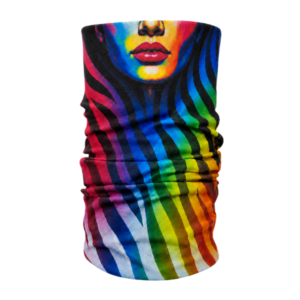 A tubular neck gaiter or face mask featuring a vibrant rainbow zebra stripe pattern with a stylized graphic of a woman's face in the upper portion, shown against a plain white background.