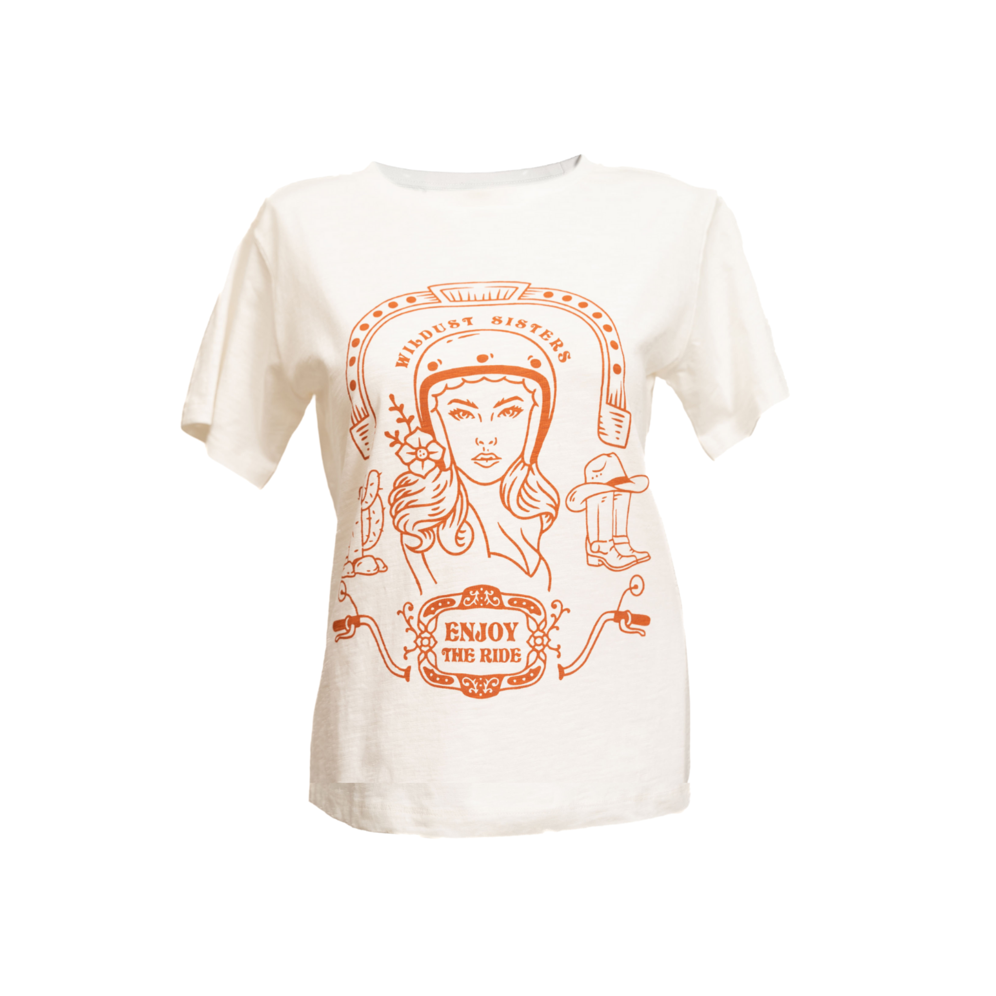 White T-shirt with a Woman wearing a Motorcyclehelmet print and the text &quot;Wild dust sister&quot; and &quot;Enjoy The ride&quot; in orange