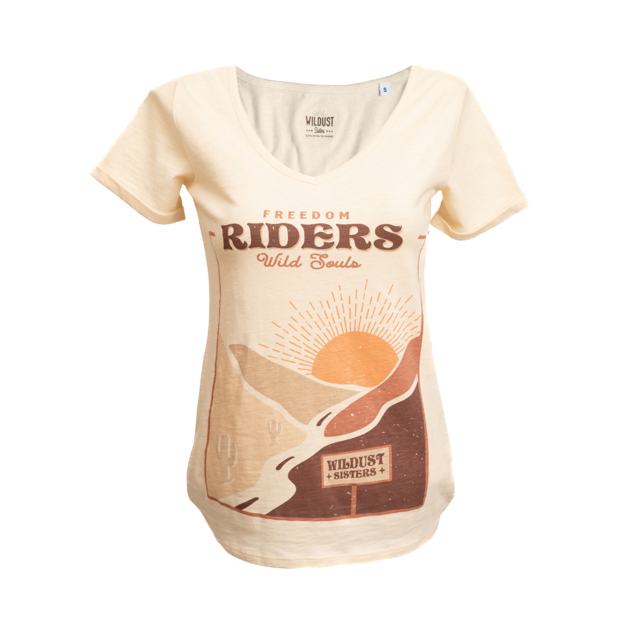 Women&#39;s T-shirt with a sunset/sunrise print and the text &quot;Freedom Riders Wild Souls&quot; and &quot;Wildust sisters&quot;