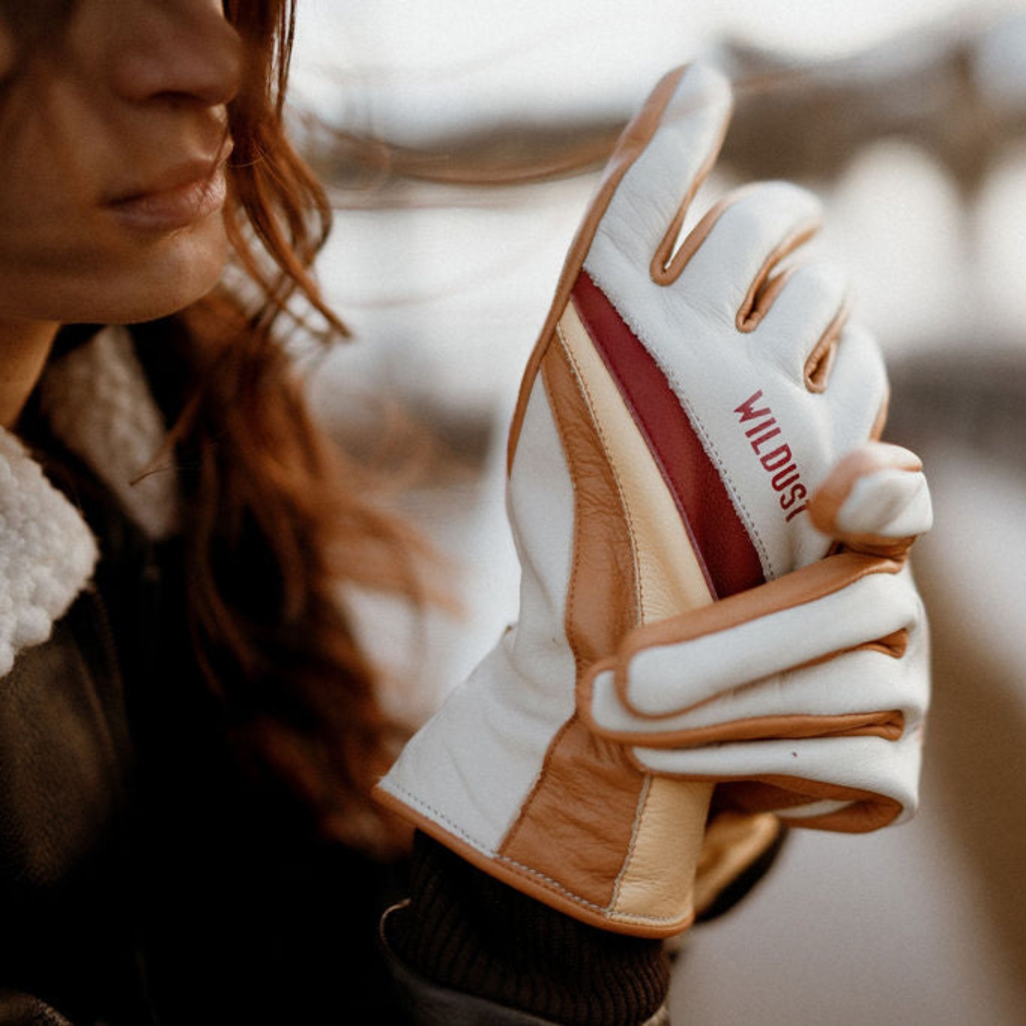 a woman wearing colourful leather motorcycle lady gloves from Wildust