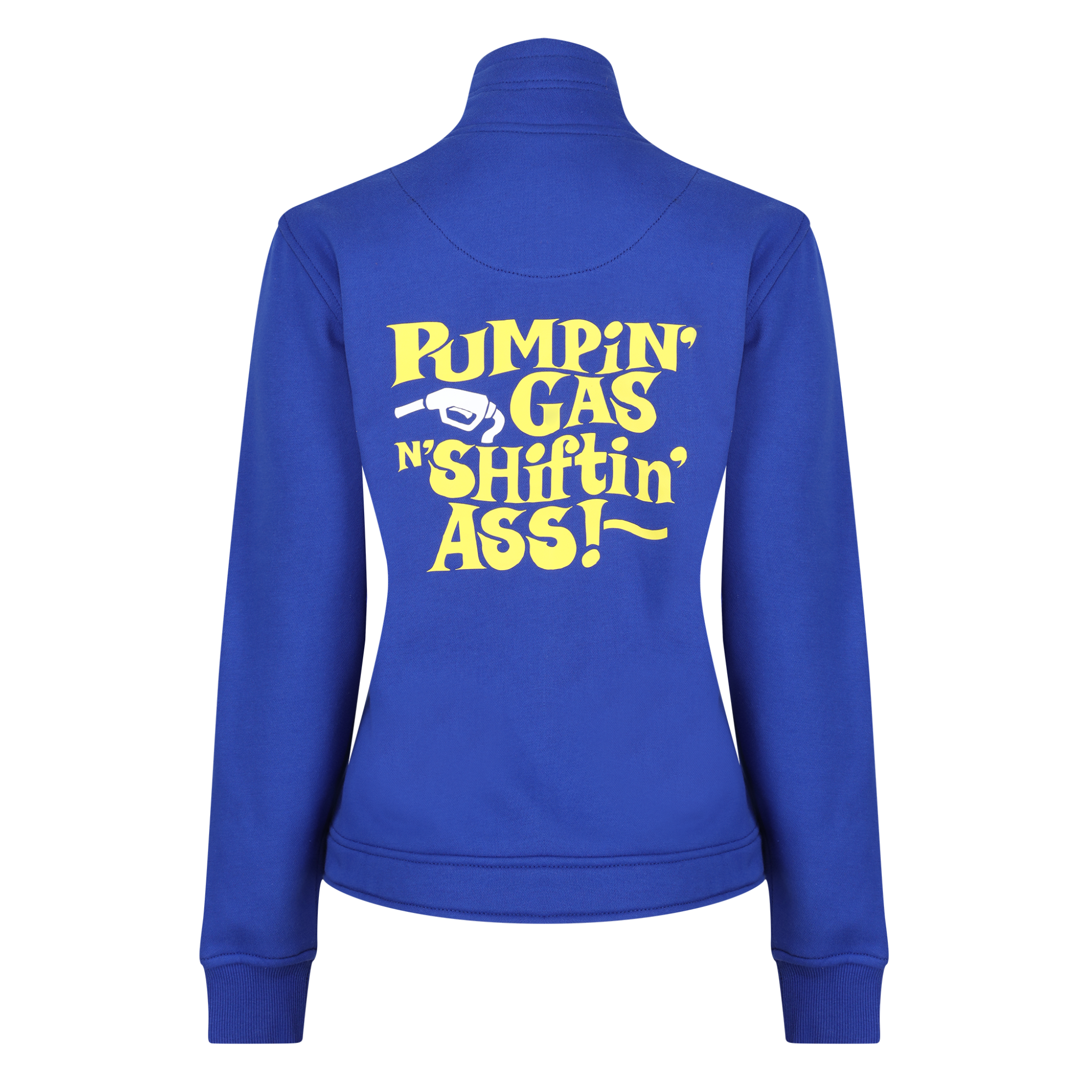 navy colour lady sweatshirt with yeallow &quot;pumping gas shifting ass&quot;motive on the back