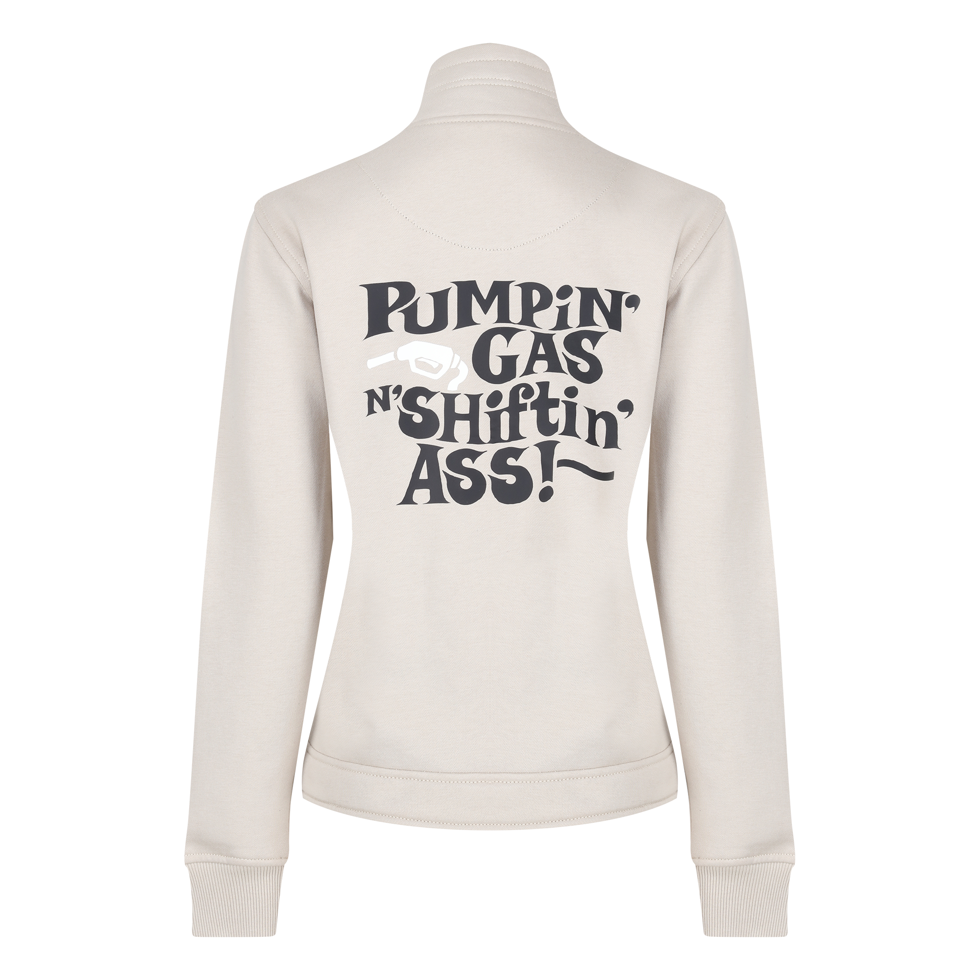 sand colour lady sweatshirt with black &quot;pumping gas shifting ass&quot;motive on the back
