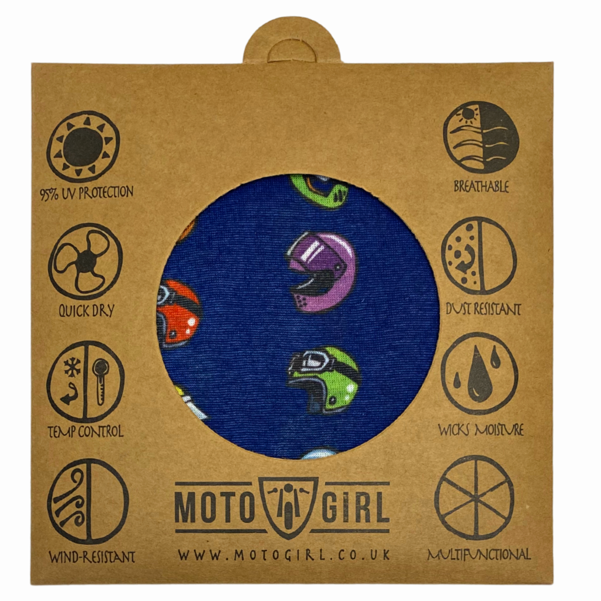 Helmet bandana in dark blue, featuring a pattern of various motorcycle helmets in different colors, displayed in its packaging that highlights its different functions, with the MotoGirl logo at the bottom.